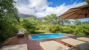 A wooden deck with a pool, lounge chairs, and an umbrella. - Cape Vulture Lodge (Hoedspruit)