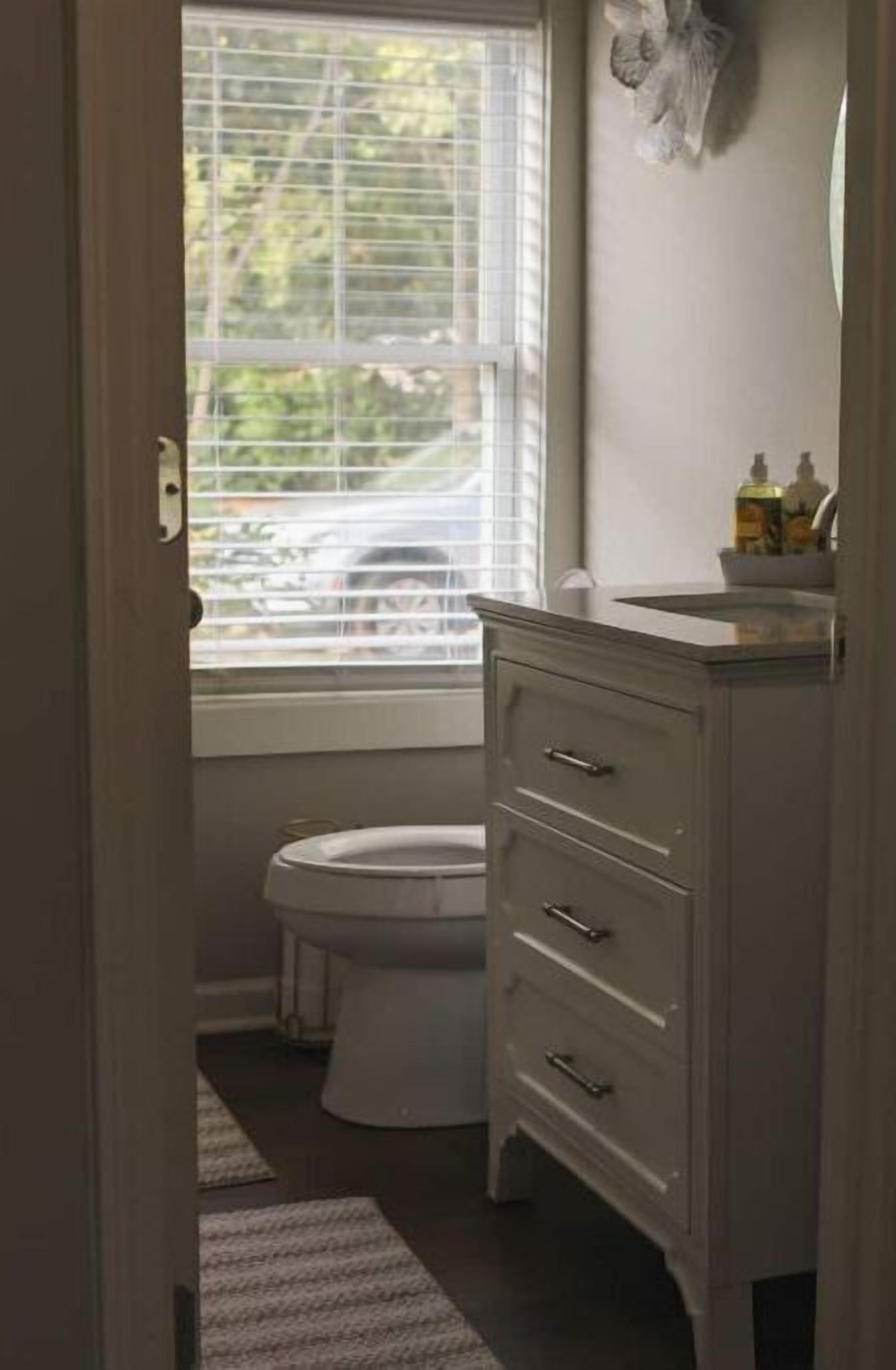 Un bagno con il water, un lavabo con specchio e una finestra con persiane.
