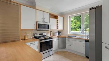 Fridge, coffee/tea maker, cookware/dishes/utensils