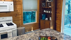 A kitchen with wooden walls, a granite countertop, a white stove, a microwave, and a window with a view of trees.