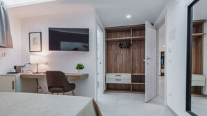 A modern bedroom with a bed, desk, chair, TV, wardrobe, and a small plant. - Archimede's Rooms (Syracuse)