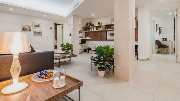 A modern living room with a sofa, a dining table with a lamp, and a coffee table. There are potted plants and a bookshelf in the background. - Archimede's Rooms (Syracuse)