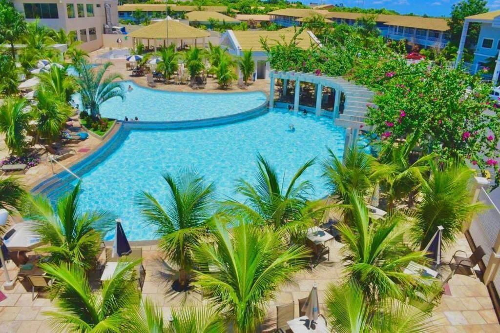 A large, clear swimming pool surrounded by palm trees and lounge chairs, with a view of hotel buildings in the background.