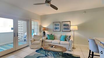 Condo, Multiple Beds, Balcony, Beach View | Living area | 40-inch TV with digital channels