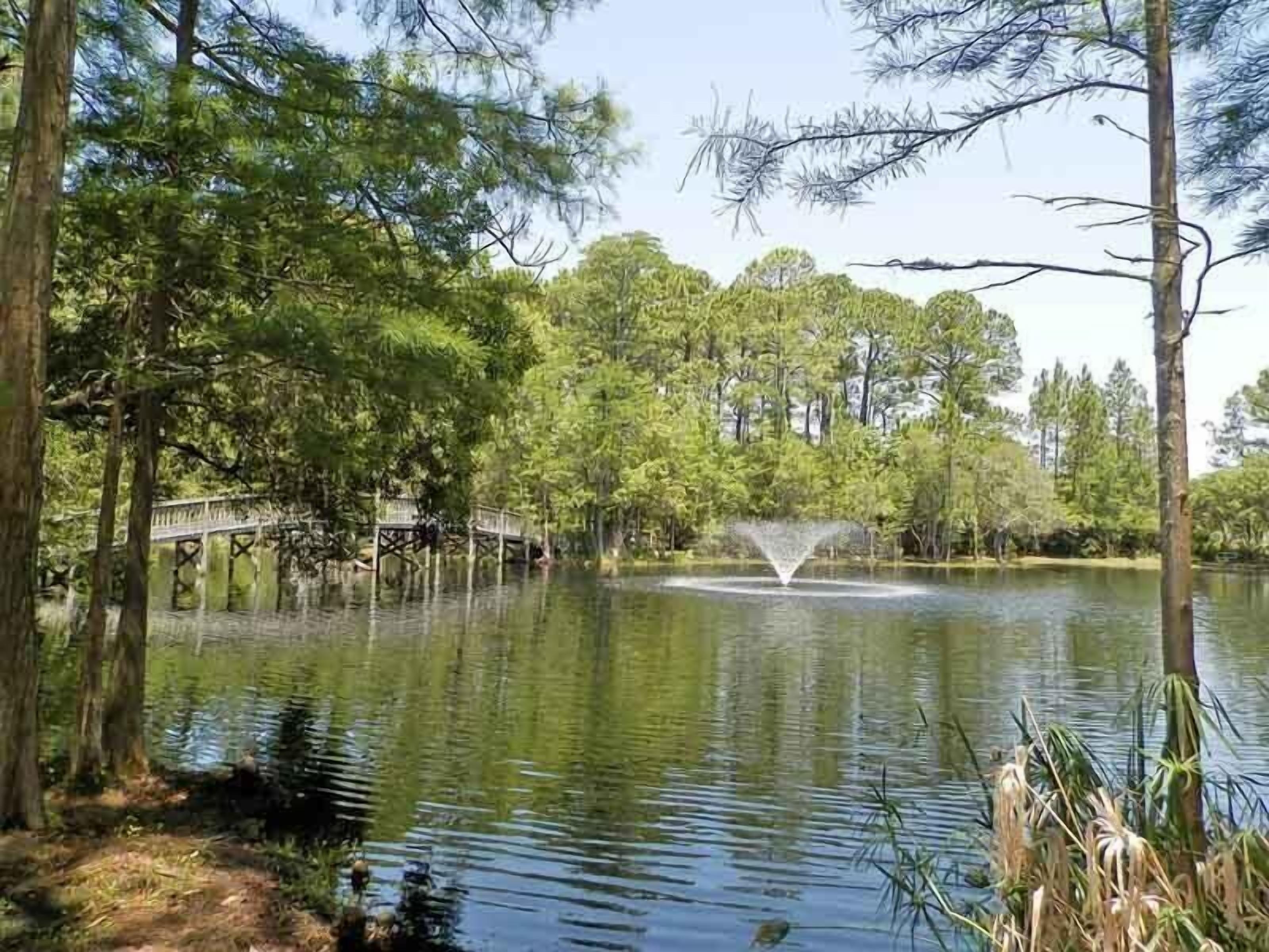 A tranquil pond with a bridge and a fountain.