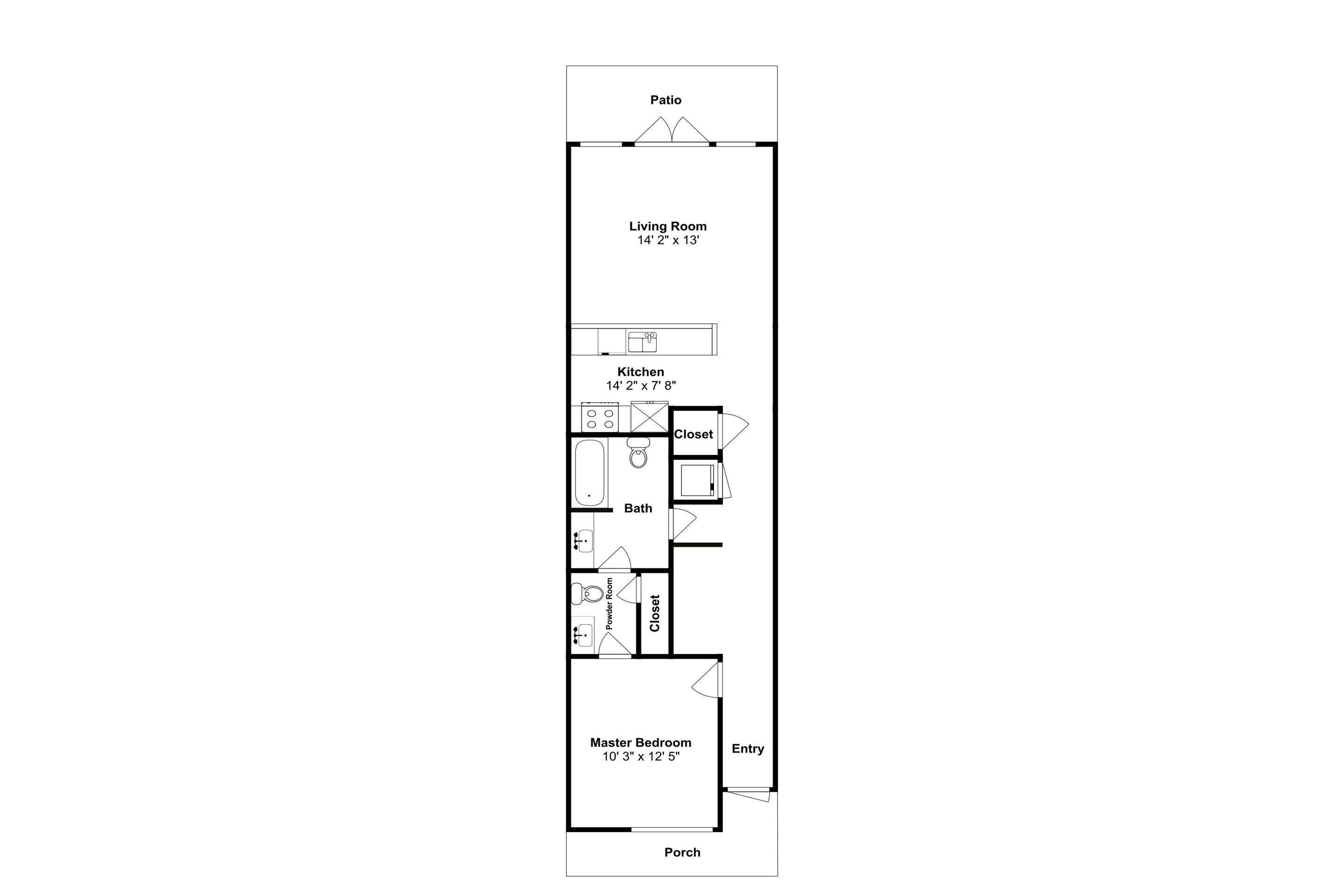 A floor plan of a studio apartment with a patio, living room, kitchen, bathroom, master bedroom, and entryway.