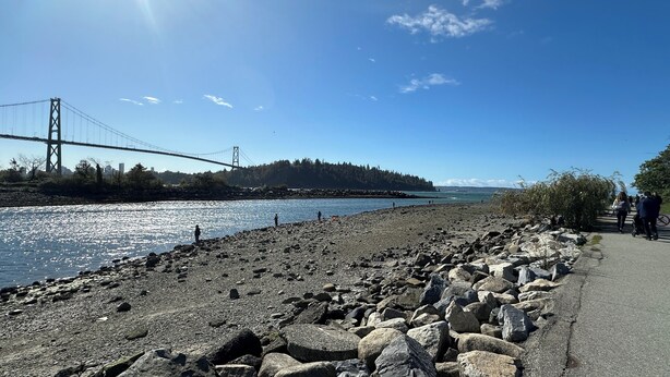 A rocky shoreline with a bridge in the background. - 2BR Private Suite · West Vancouver · Landmark View · Prime Location (West Vancouver)