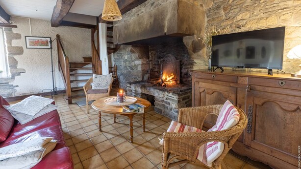 A cozy living room with a stone fireplace, a television, wicker furniture, and a red leather sofa. - Cottage Roazhon (CHERRUEIX)