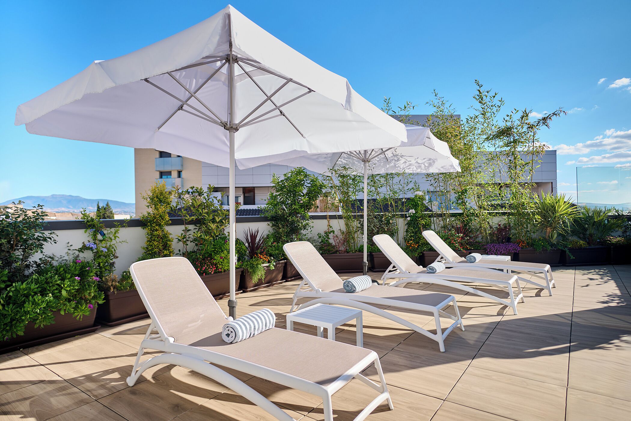Terraza en la azotea con sillones blancos, sombrillas y macetas con plantas, con vistas al paisaje urbano.