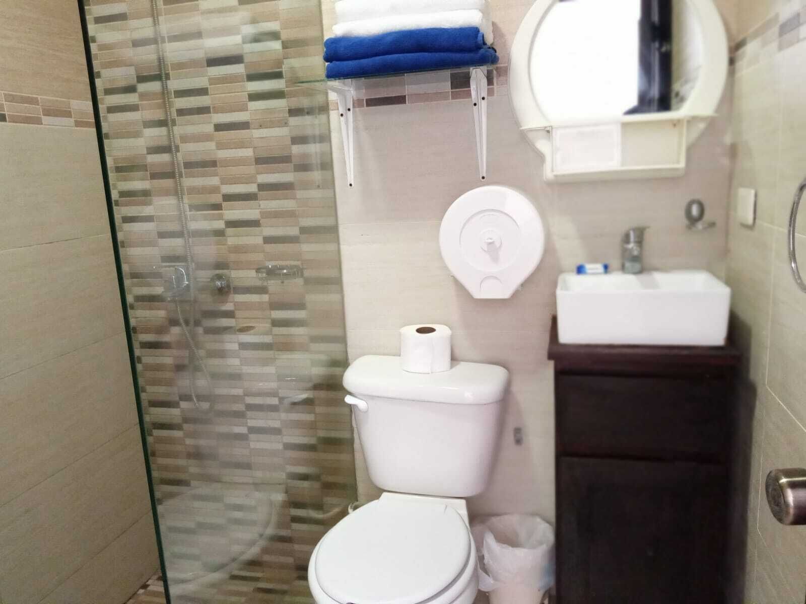 A bathroom with a glass shower enclosure, a toilet, a sink, and a towel rack with towels.