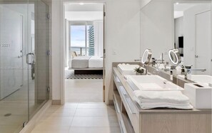 Bathtub, hair dryer, towels