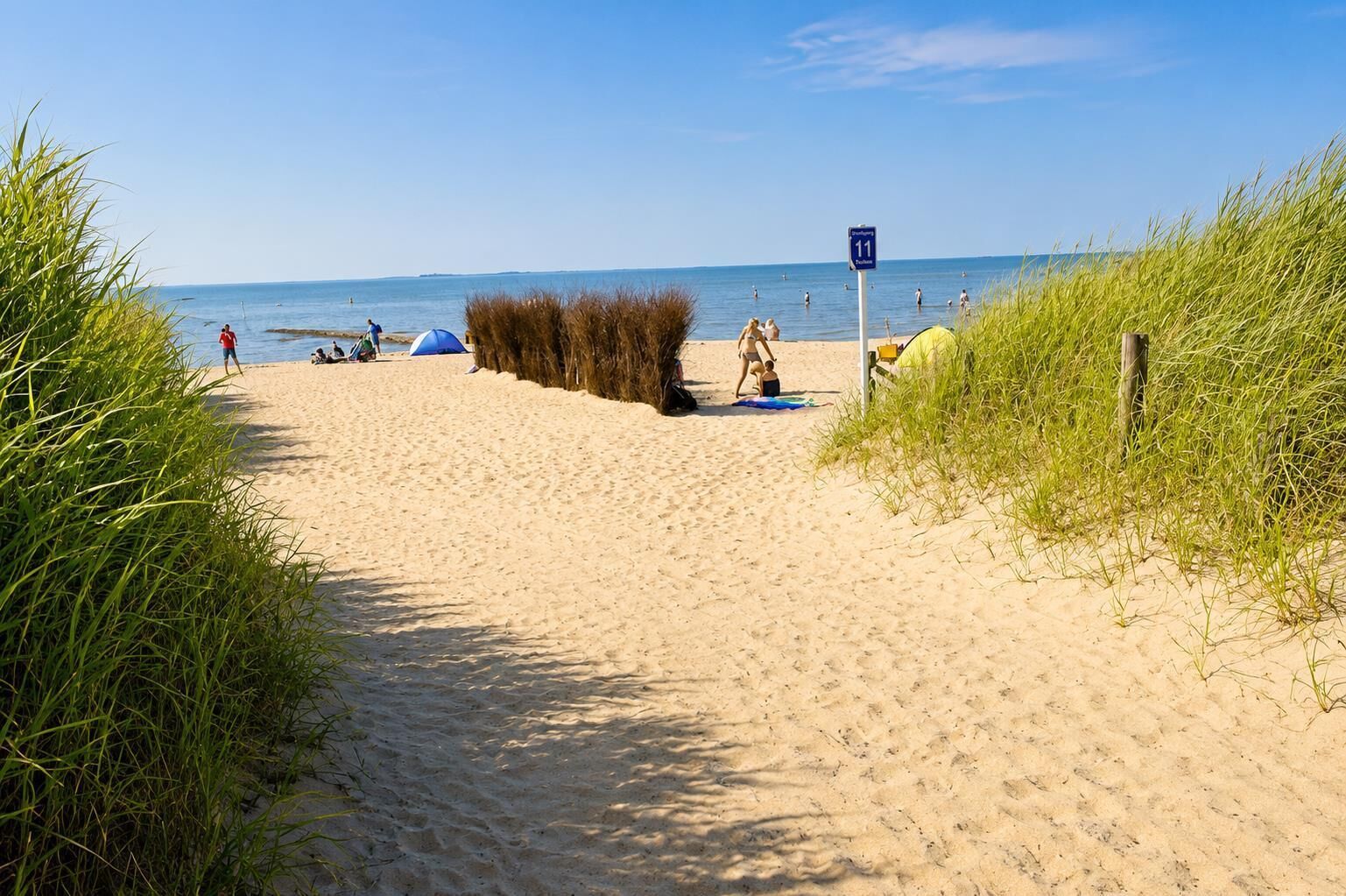 A sandy beach path leading to the sea with tents and people.
