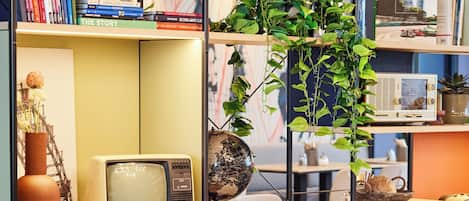 A bookshelf with various books, a vintage television, a globe, and a hanging plant.