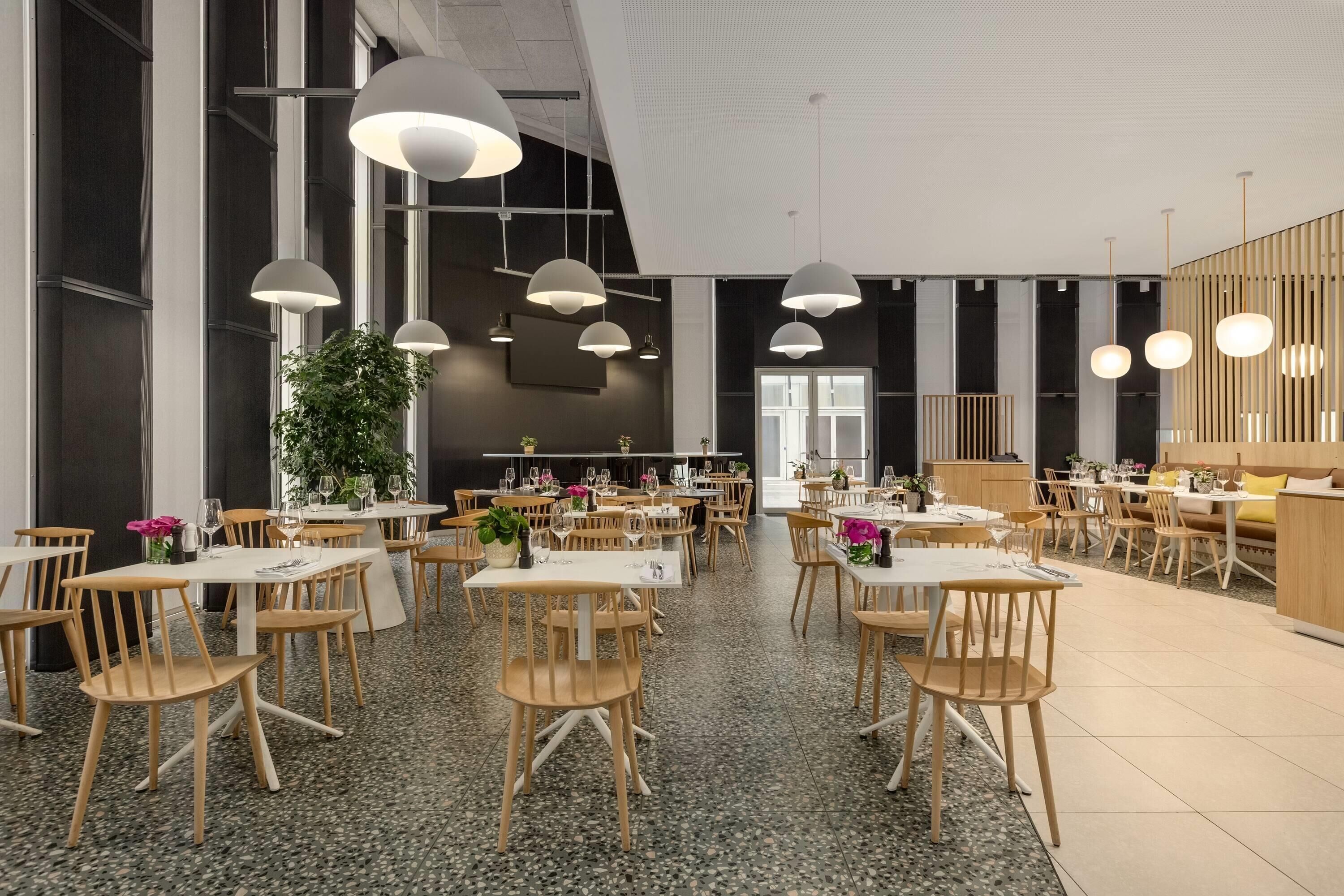 Un'ampia sala da pranzo con diversi tavoli e sedie, illuminazione a sospensione e un'imponente pianta decorativa.