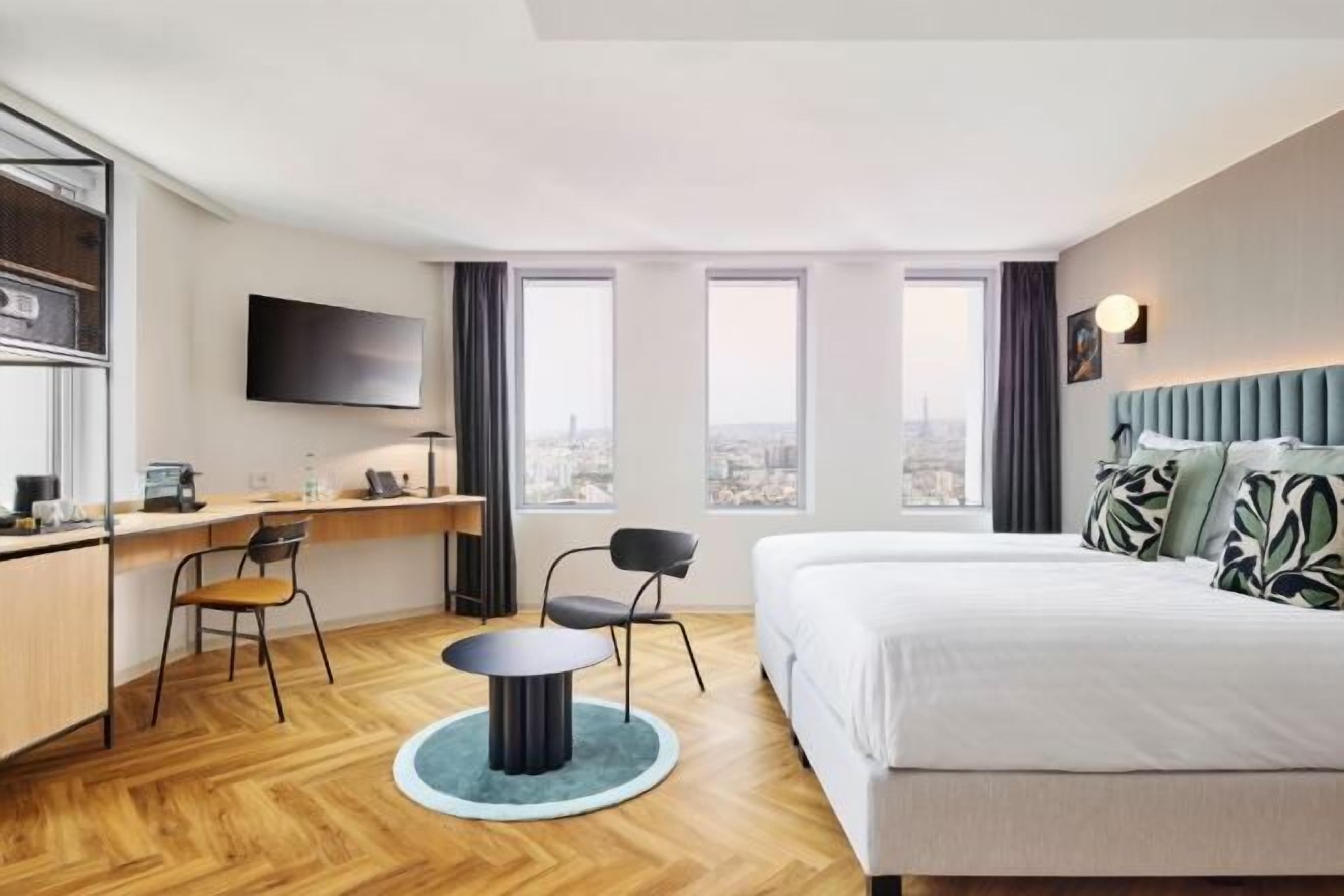 Desk, laptop workspace, blackout curtains, soundproofing