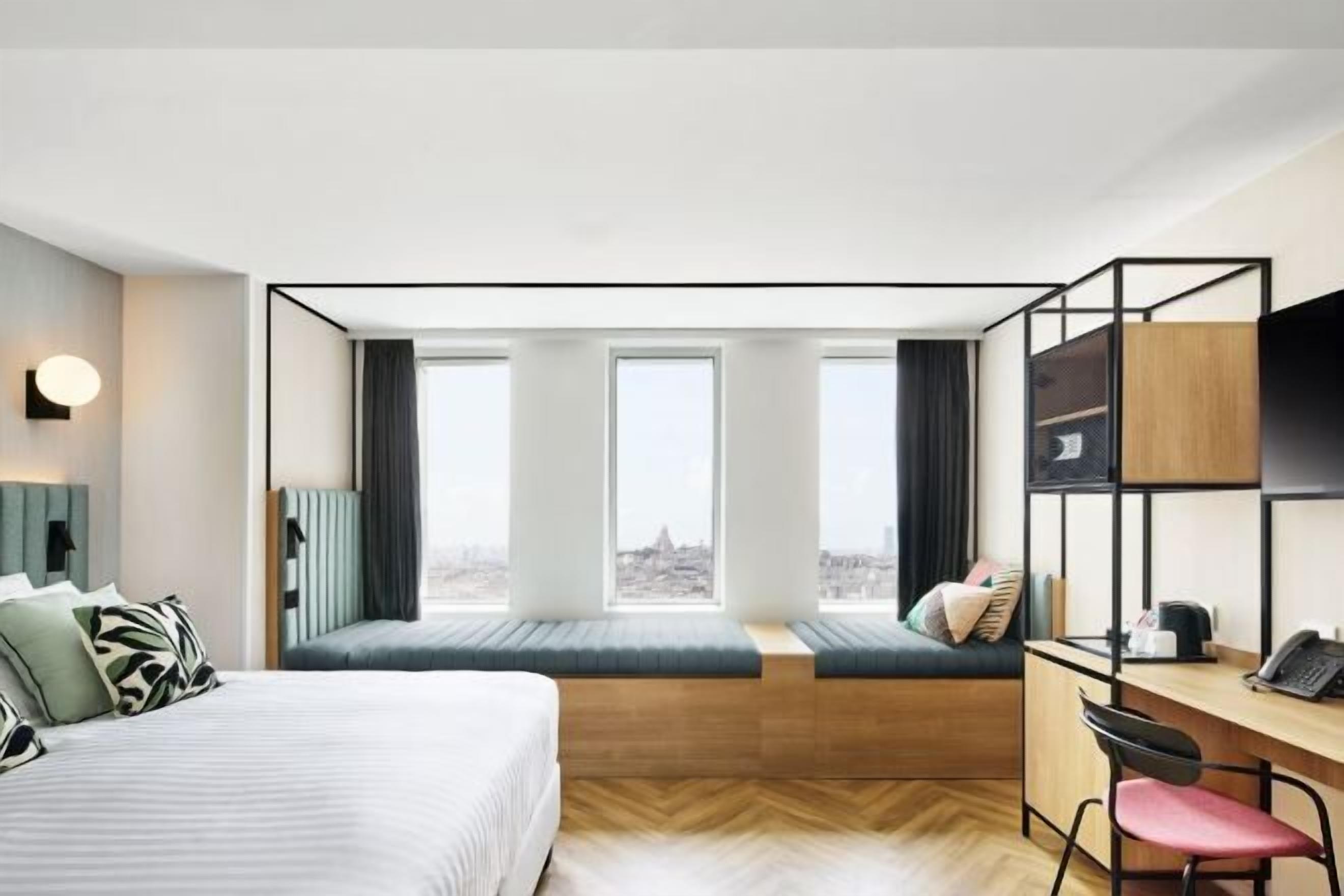 Desk, laptop workspace, blackout curtains, soundproofing