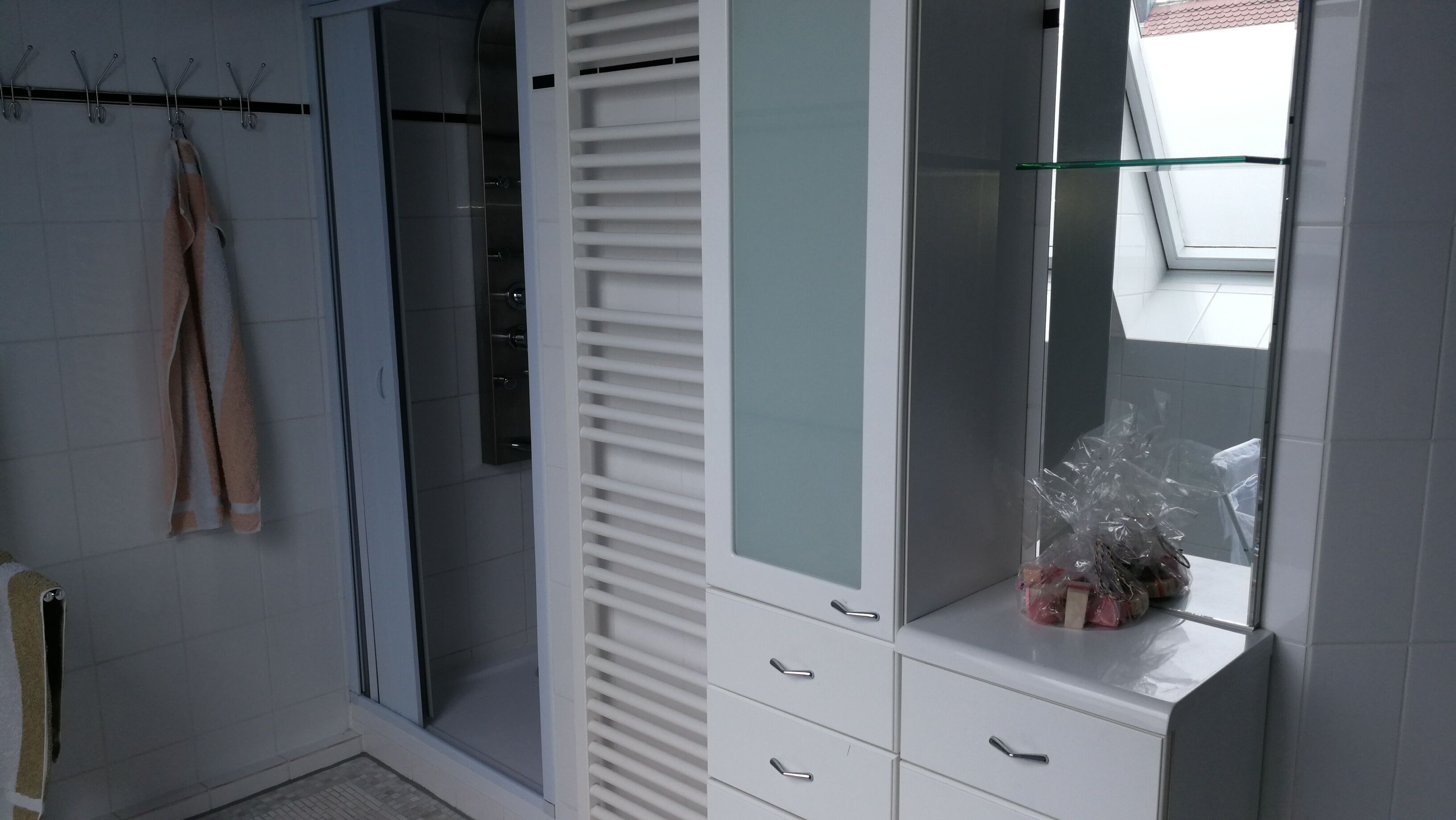 A modern bathroom with a glass shower enclosure, a built-in vanity with a mirror, and a towel rack.