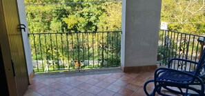 Un balcon doté d’une rambarde en métal, d’une chaise et offrant une vue sur la verdure.