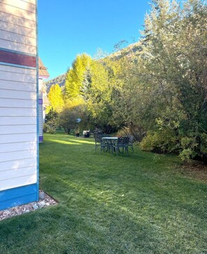A residential property with a well-maintained lawn, a patio table and chairs, and a house with siding.