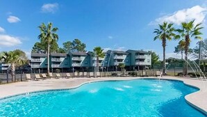 Une piscine avec des chaises longues et des palmiers.