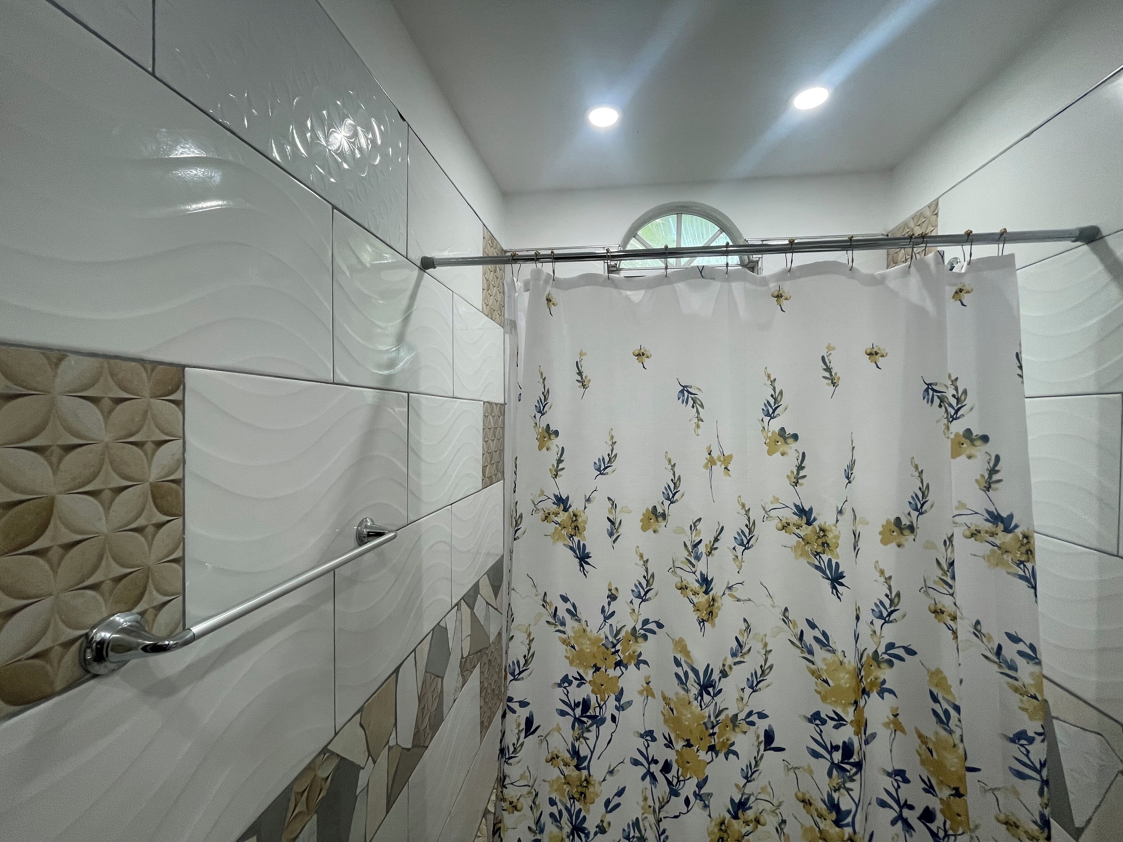 Hair dryer, towels, soap, shampoo