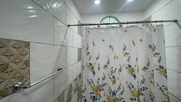 Hair dryer, towels, soap, shampoo