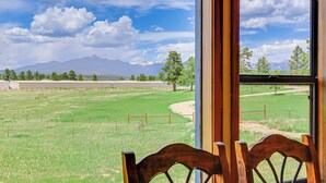 A view from a window with a wooden chair in the foreground, a grassy field, a fence, and mountains in the background. - Picturesque Pagosa Springs Retreat w/ Mtn Views! (Pagosa Springs)