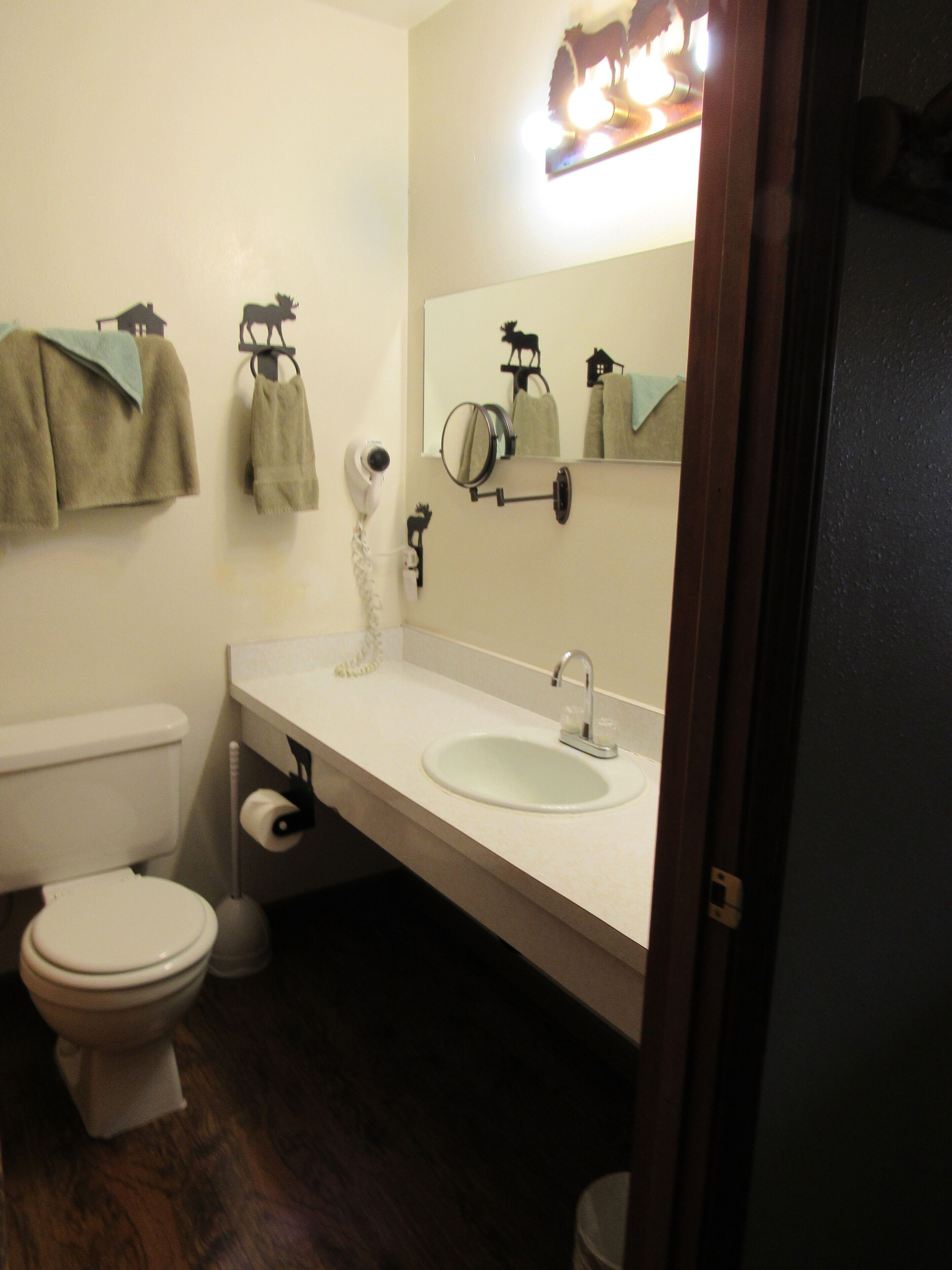 A bathroom with a toilet, sink, and mirror. There are towels hanging on hooks and a hairdryer on the counter.