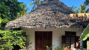 Uma pequena casa com telhado de palha, rodeada por vegetação exuberante e palmeiras.