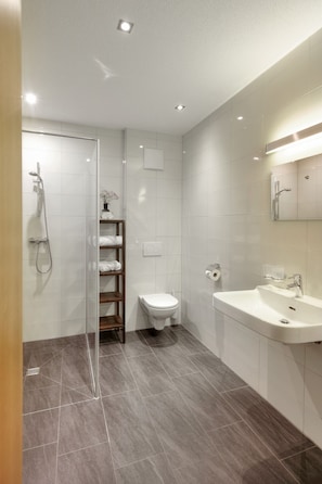 Shower, hair dryer, towels, toilet paper