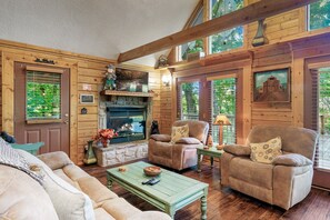 Cabin, Multiple Beds, Hot Tub | Living area | 432-inch flat-screen TV with cable channels, TV, fireplace