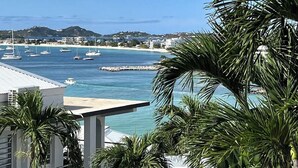 Une vue sur la côte, avec un port de plaisance, des palmiers et un bâtiment moderne doté d’un balcon donnant sur la mer.