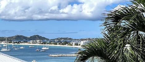 A coastal view with a marina, palm trees, and a modern building with a balcony overlooking the sea.