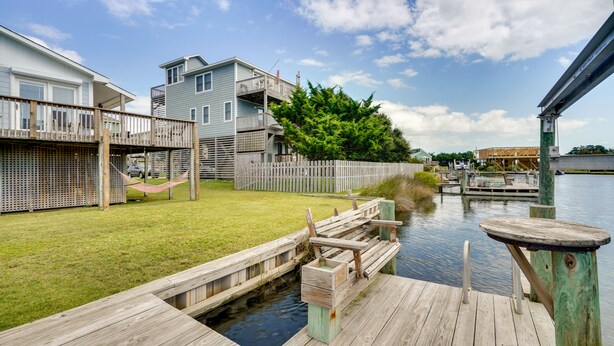 A wooden dock extending into a calm body of water, surrounded by a grassy area and a wooden fence. - Frisco Coastal Paradise w/ Boat Dock & Water Views (Frisco)