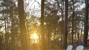 Un terrain de camping doté d’un foyer entouré de fauteuils Adirondack, situé dans une forêt où la lumière du soleil filtre à travers les arbres.