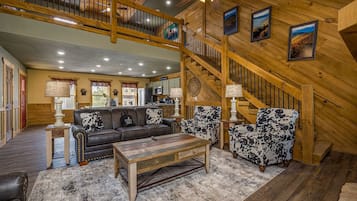 Cabin, Multiple Beds, Jetted Tub | Living area | 60-inch flat-screen TV with cable channels, TV, fireplace