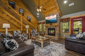 Cabin, Multiple Beds, Jetted Tub | Living area | 60-inch flat-screen TV with cable channels, TV, fireplace - Pirates Peak (Gatlinburg)