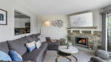 Smart TV, chimenea, libros y monitor de computadora