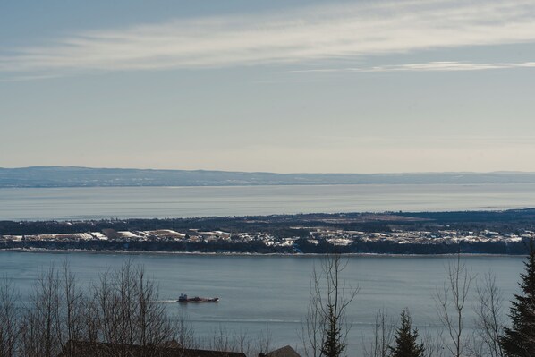 A coastal view with a body of water, a distant shoreline with buildings, and a small boat in the water.