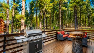 Eine Terrasse im Freien mit Grill, Korbmöbeln und einem Holztisch.