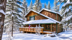A wooden cabin with a porch, surrounded by snow-covered trees. - Starlight Summit (Big Bear Lake)