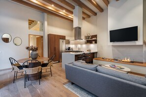 Standaard appartement | Woonruimte | Flatscreentelevisie en een open haard