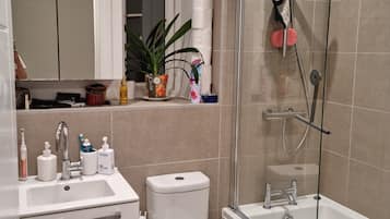 Hair dryer, towels, soap, shampoo