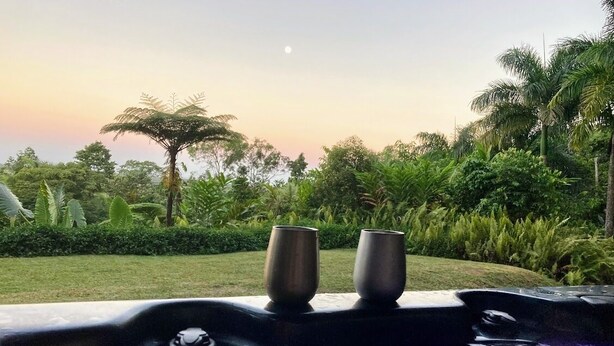 A hot tub with two metal cups on its edge, surrounded by lush greenery and a sunset view. - NEW -The Sugar Shack, Ocean views over cane fields from your outdoor Spa Bath  (Miallo)