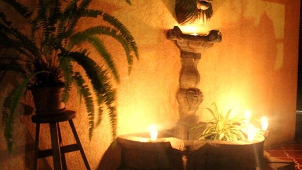 A dimly lit room with a stone fountain, a potted plant, and a wall with a floral pattern.