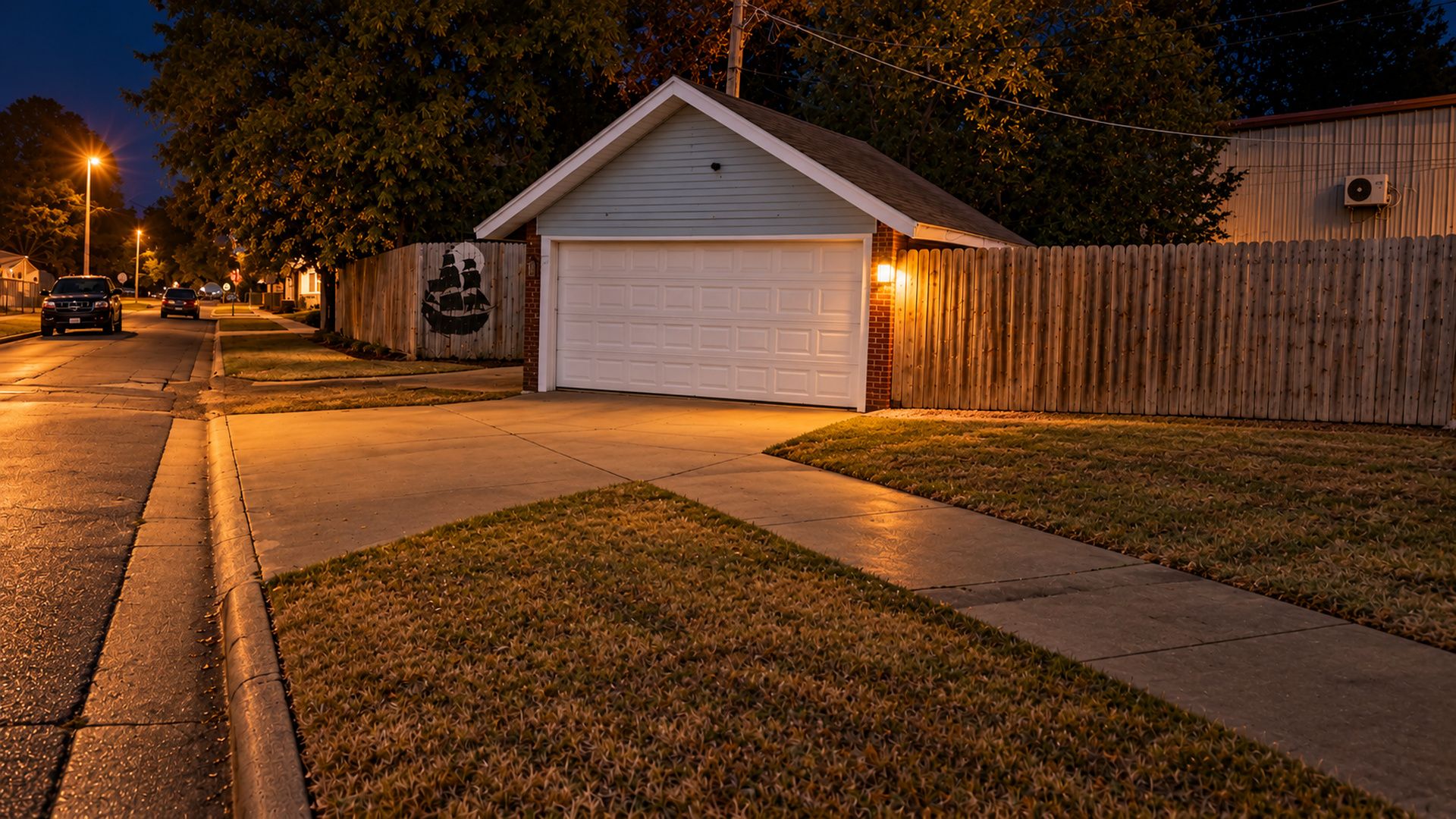 Un garage attenant à une maison, avec une porte blanche, une clôture en bois et une pelouse bien entretenue.
