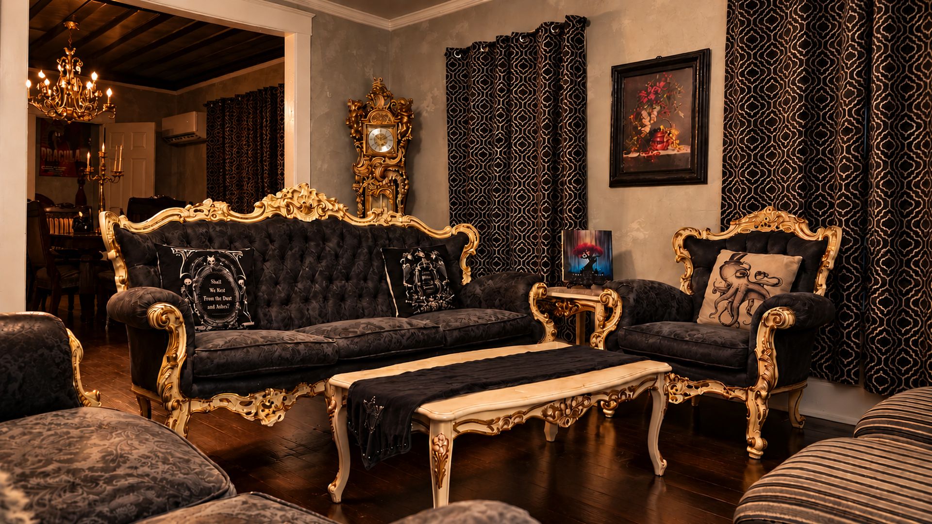 A luxurious living room with ornate furniture, a grand clock, and patterned curtains.