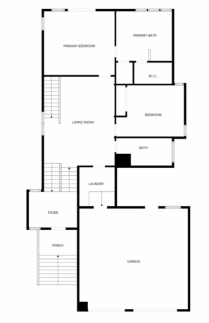 A floor plan with a primary bedroom, primary bathroom, living room, bedroom, bath, laundry, foyer, porch, and garage.