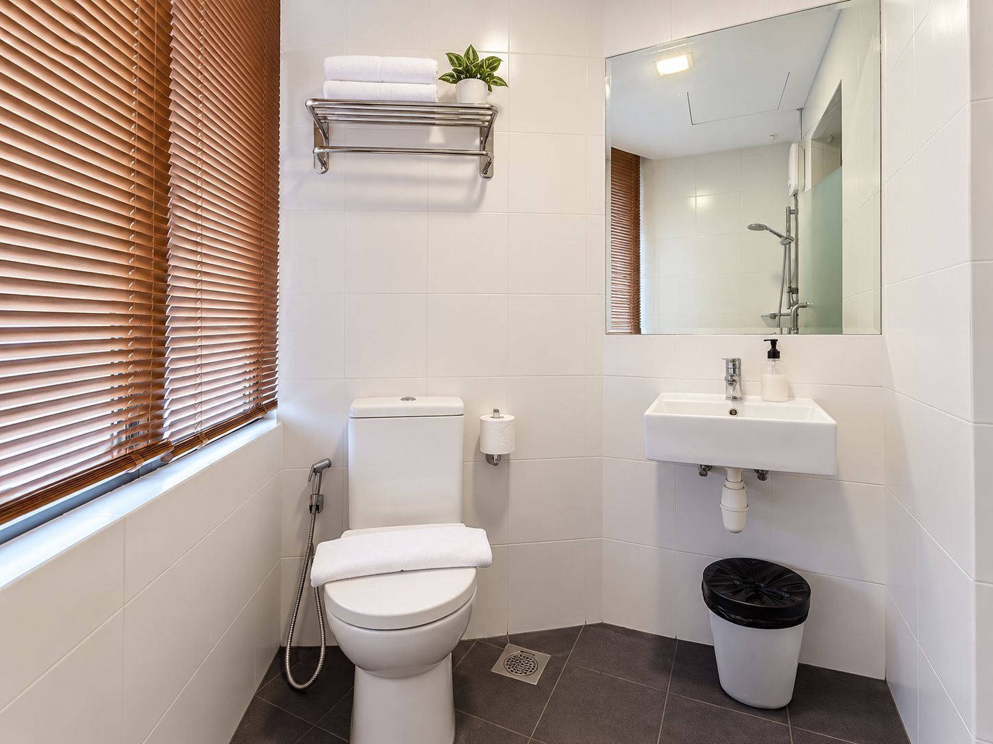 A modern bathroom with a toilet, sink, and a mirror.