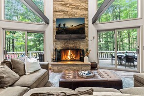 テレビ、暖炉、書庫